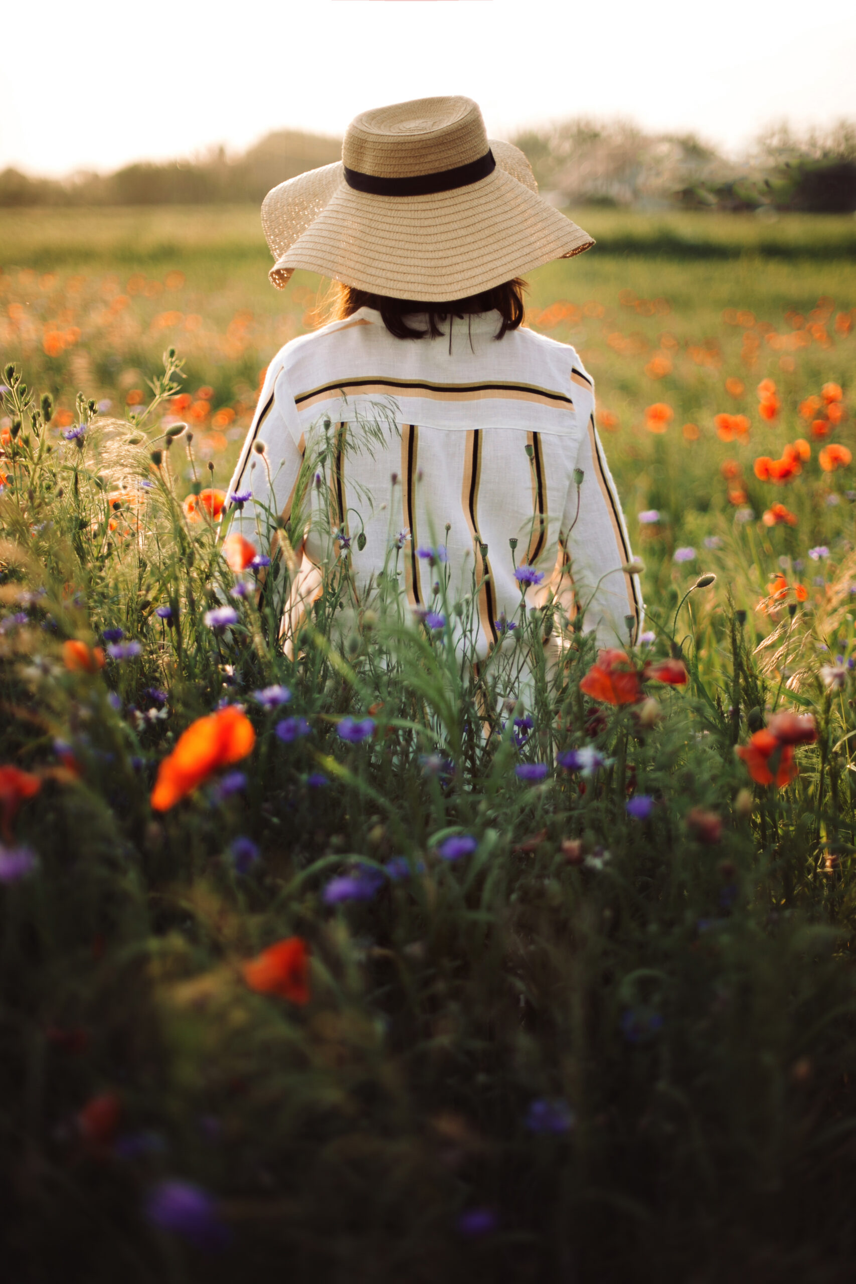 Stylish girl in hat walking in wildflowers in sunset light in su